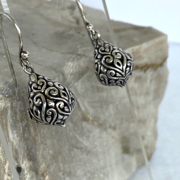 Sterling Silver ATI 925 Bali Style Scrollwork Hollow Teardrop Dangle Earrings - Picture 7 of 16